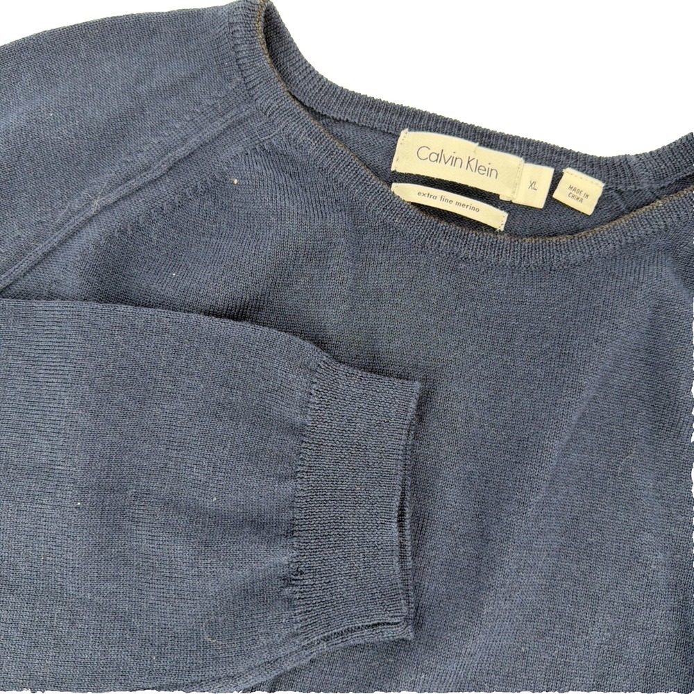 Calvin Klein Mens XL Navy Blue Extra Fine Merino Wool Crewneck Sweater PC775
